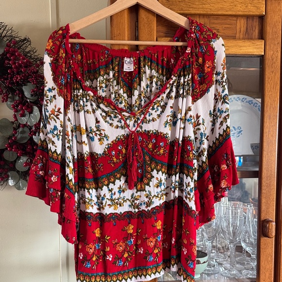 Bila Tops - Bila Red, White and Blue Floral Boho Peasant Top with Tassel Tie Medium